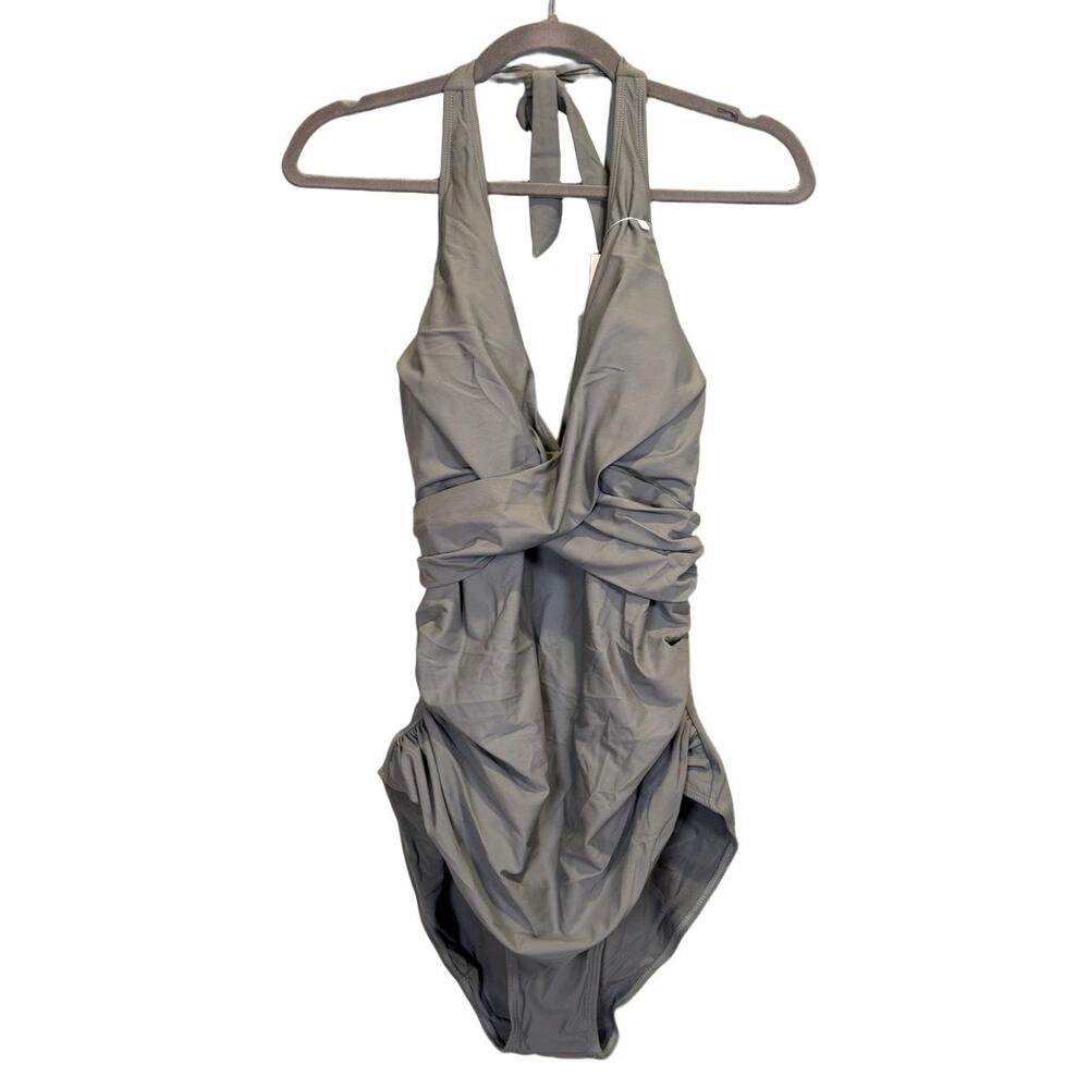 COCOPEAR Womens Swimsuit 4XL 16/18‎ Light Sage Green Halter Ruched Plunge